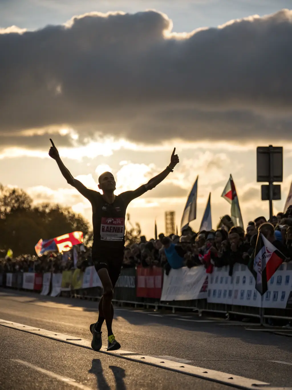 A runner triumphantly crossing a finish line at a local race, representing personal achievement and the competitive spirit fostered by JOG 12.