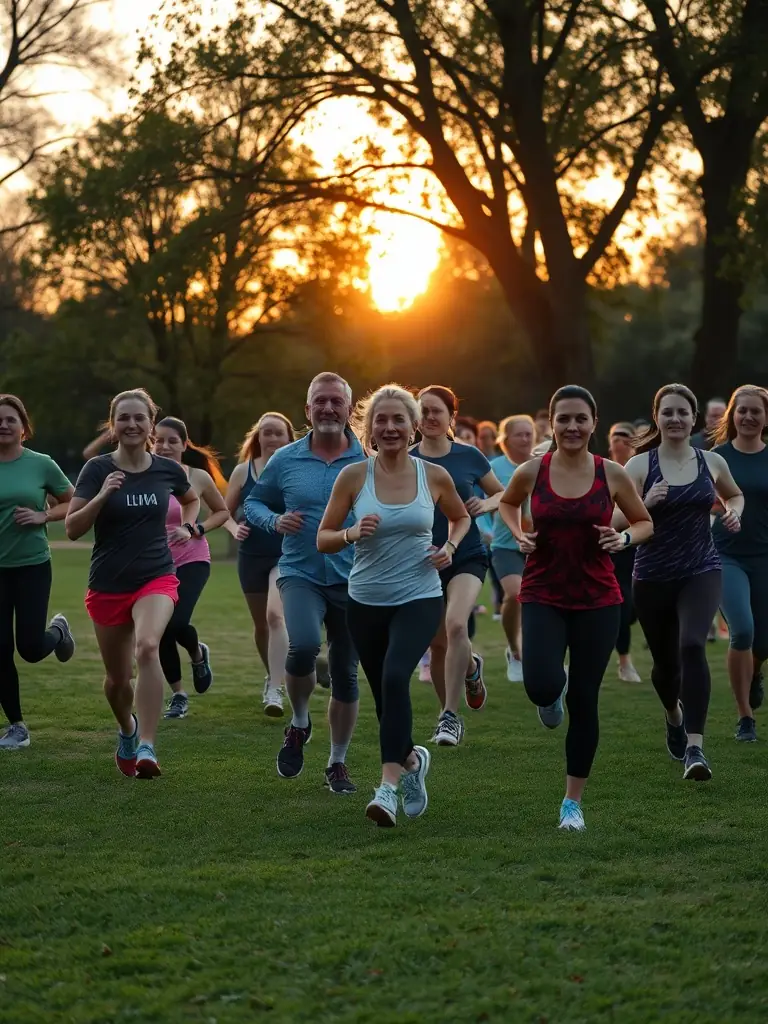 A diverse group of runners smiling and stretching together before a run in a park, symbolizing community and inclusivity within JOG 12.