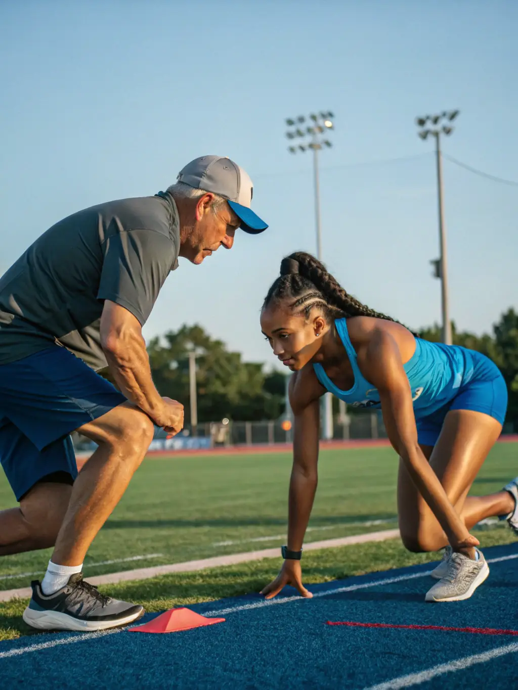 A coach providing personalized feedback to a runner during a training session, emphasizing the individualized attention members receive at JOG 12.