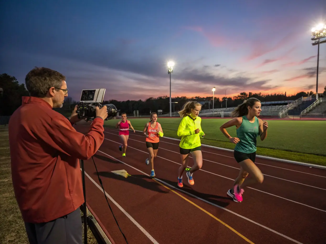 A group of JOG 12 runners participating in a speed training session on a track, focusing on improving their pace and agility.