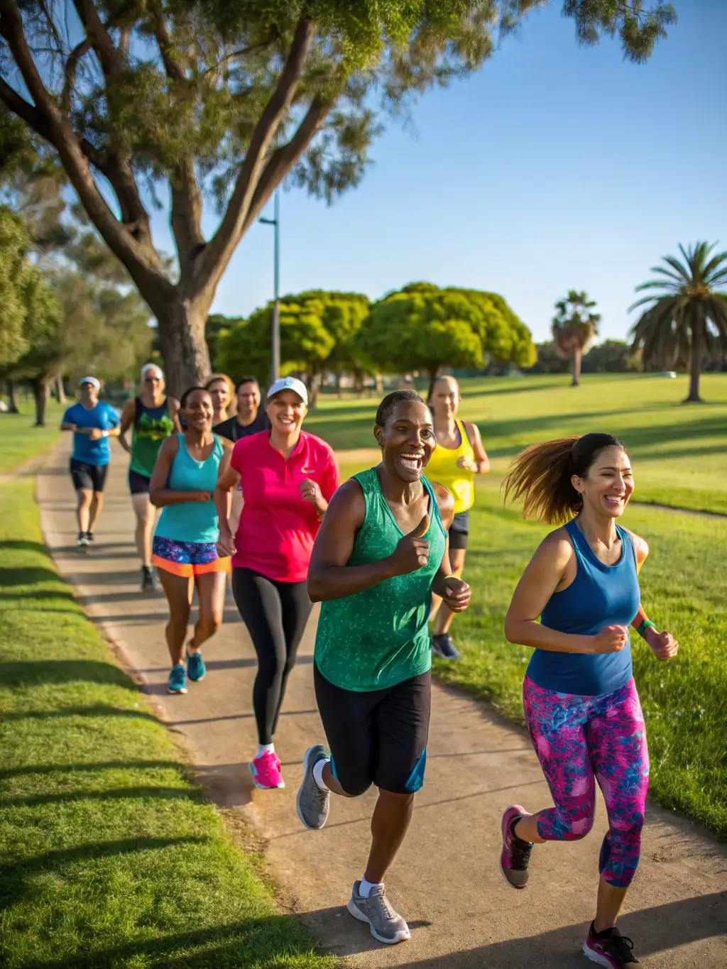 A diverse group of JOG 12 members participating in a track workout, showcasing various skill levels and ages, emphasizing inclusivity and community spirit.